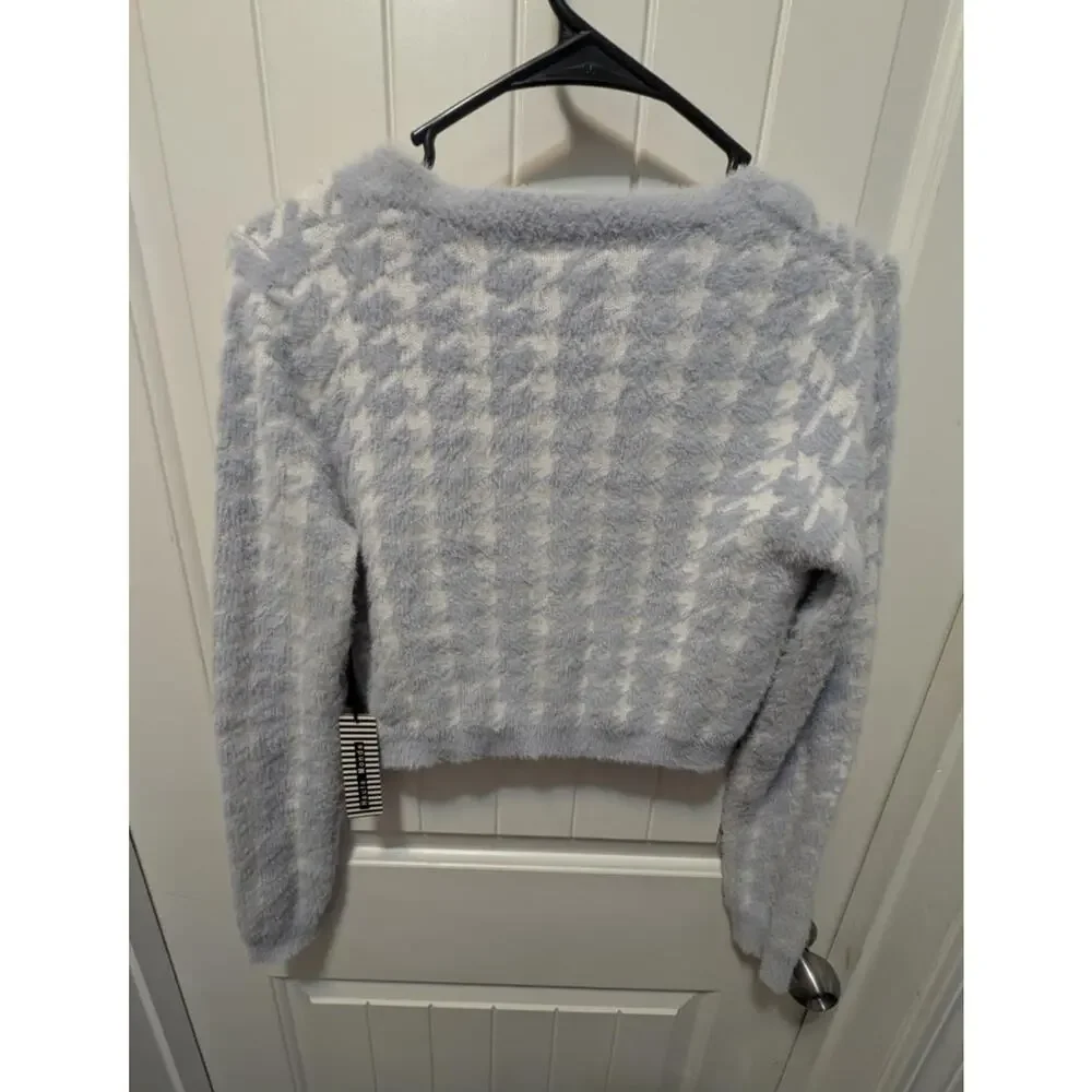 Haute Monde Blue & WHITE Long Sleeved Cardigan Cropped Sweater Size S NWT!